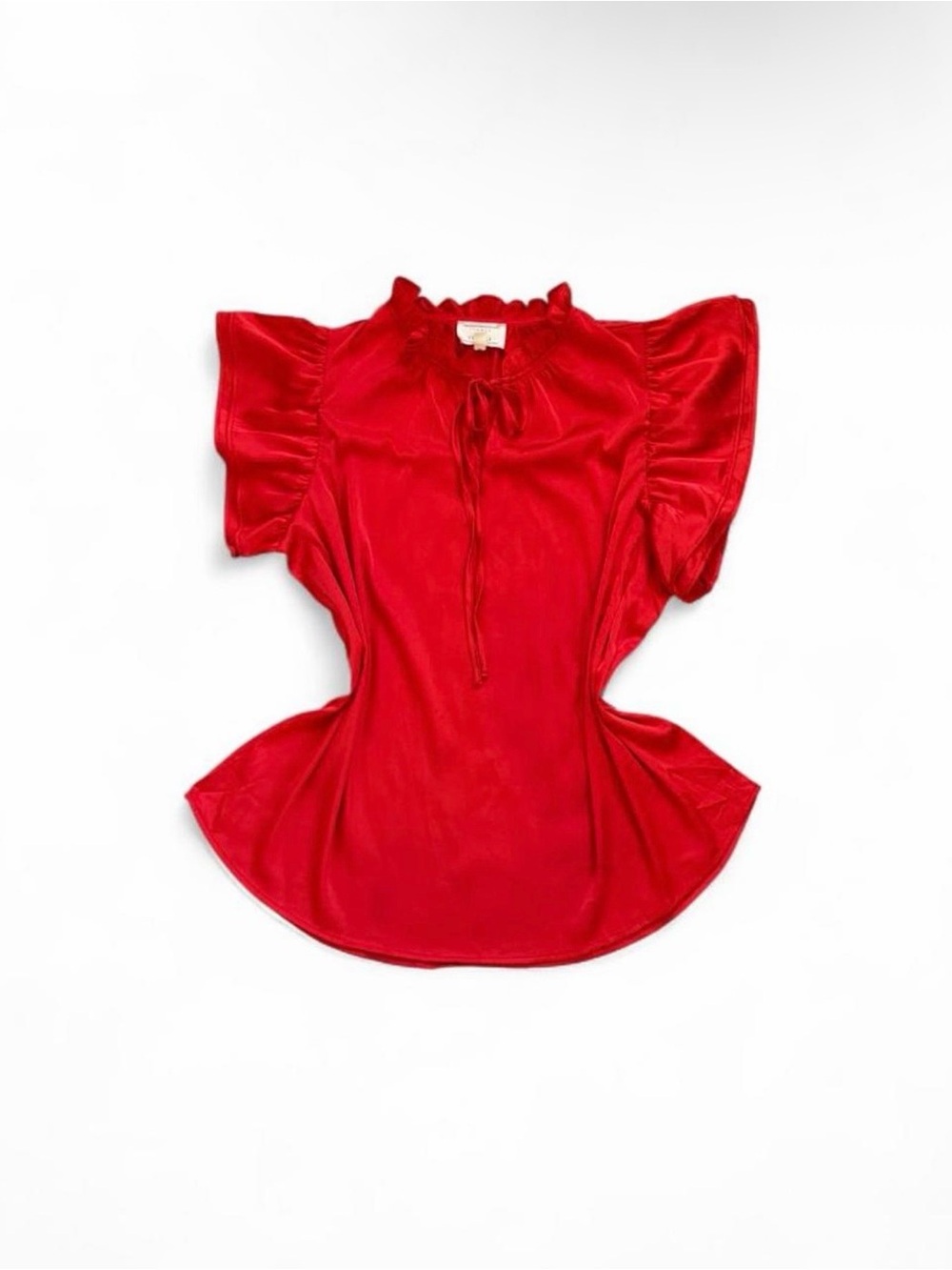 Ruffled Tie-Neck Red Blouse with Flutter Sleeves